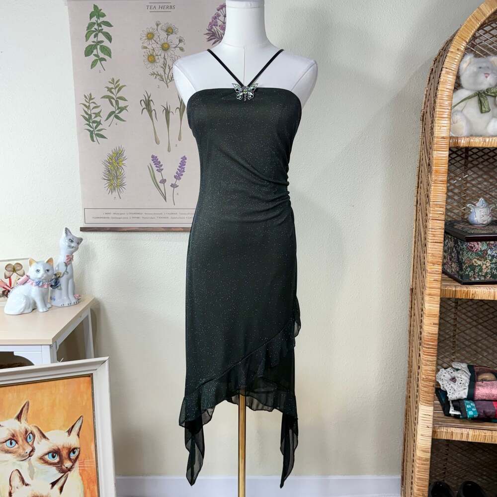 90s Y2k Green Glitter Asymmetric Party Dress Dark Fairy Whimsigoth Sexy Forest S